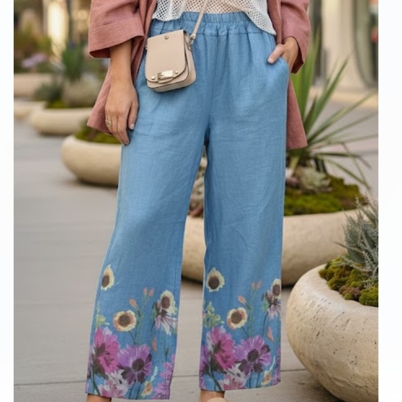 BOHO Me & Gee Linen Blue Floral Wide-Leg Pants with Pockets SZ M Made in Italy - Picture 2 of 16
